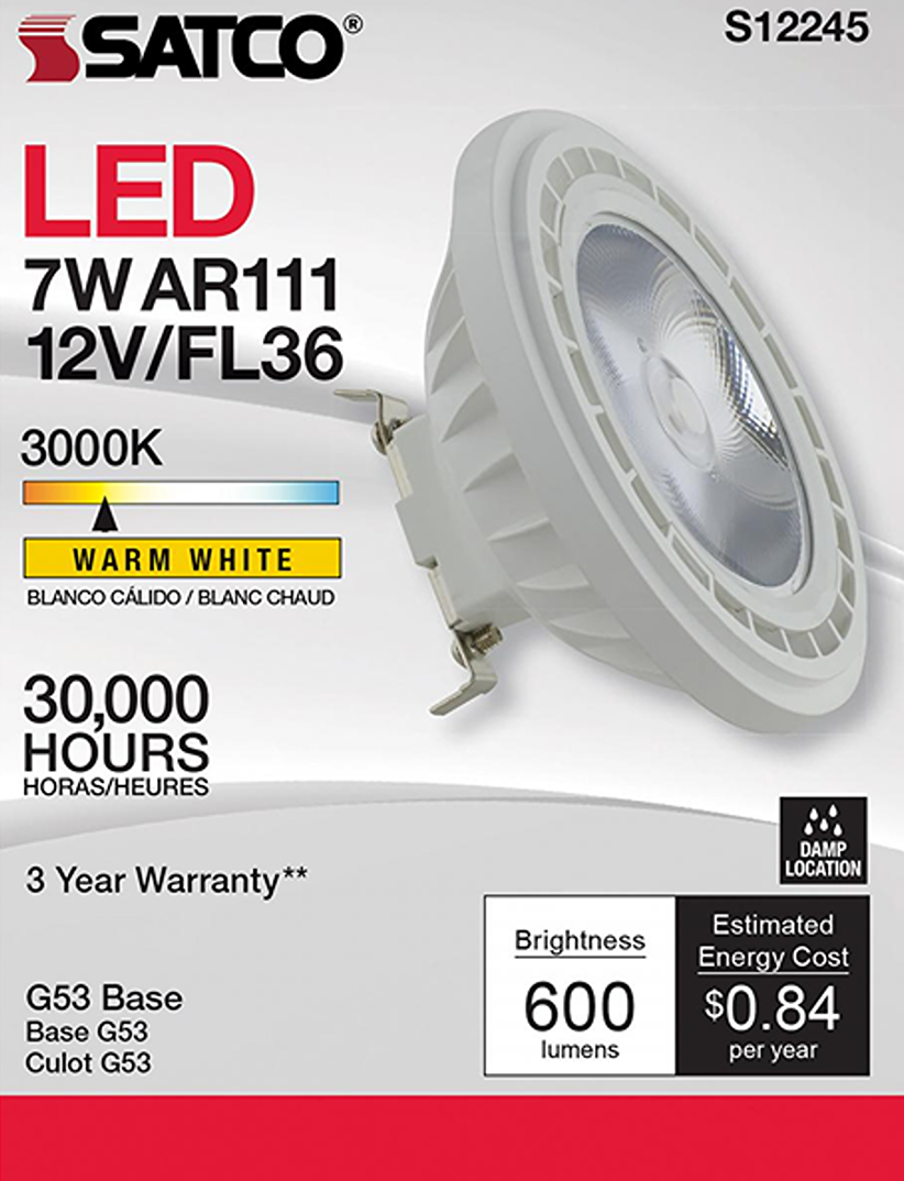 White LED AR111 bulb with G53 base and warm 3000K color temperature for home improvement lighting