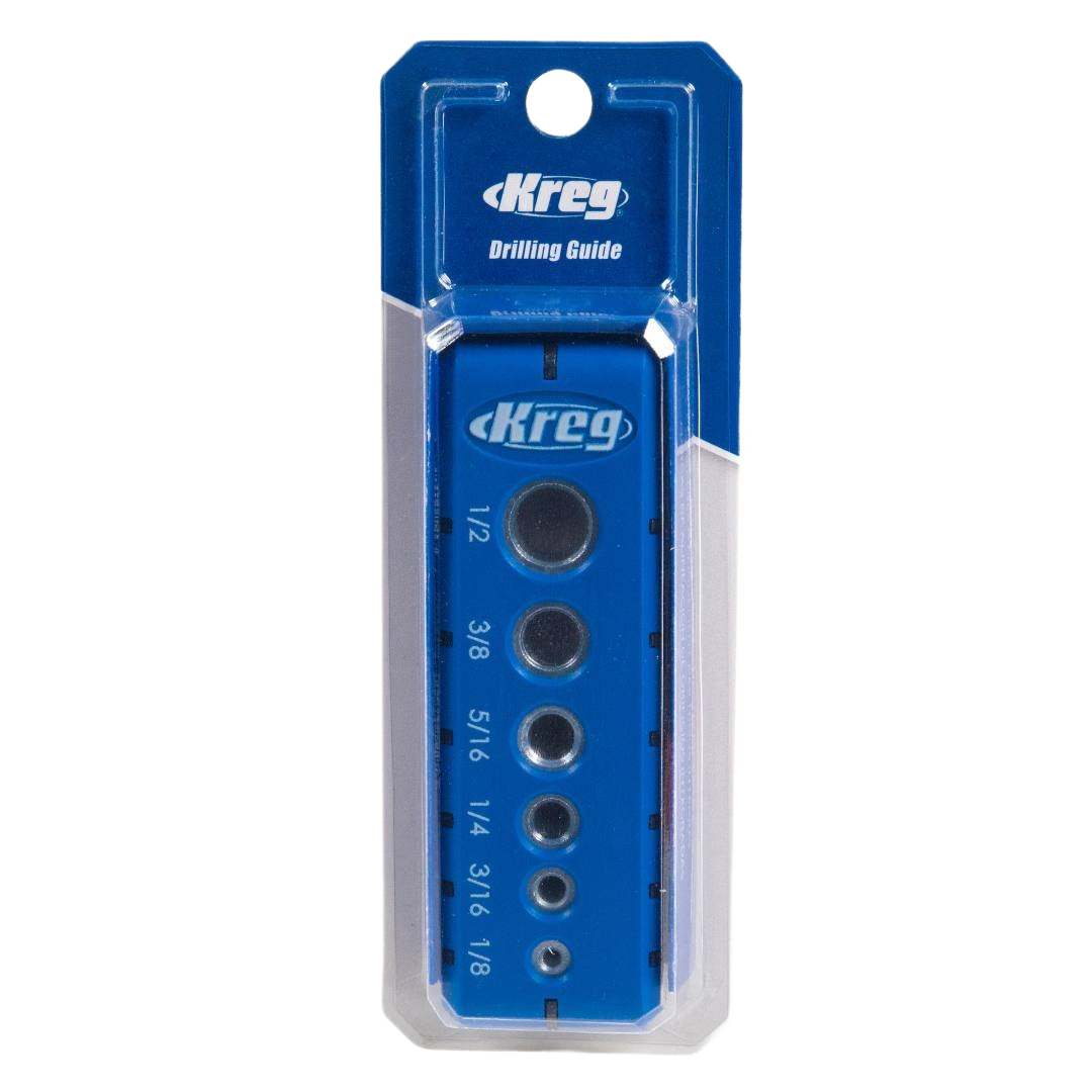 Blue drilling guide with six hardened steel drill sleeves for precise hole drilling in tool accessories and power tool collections