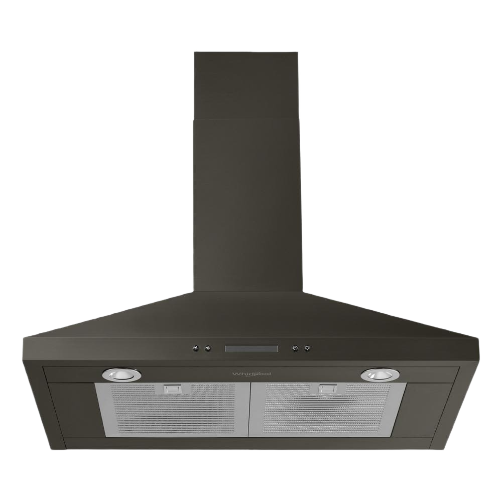 Black 30-inch chimney wall mount range hood with dishwasher-safe grease filters and LED lights for kitchen appliances collections