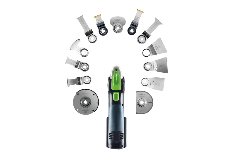 Set of oscillating multi-tool blades and attachments arranged in a semicircle above a compact power tool for home improvement tasks