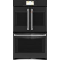 Black built-in double wall oven with French doors, touchscreen controls, and stainless steel handles in kitchen appliances collection