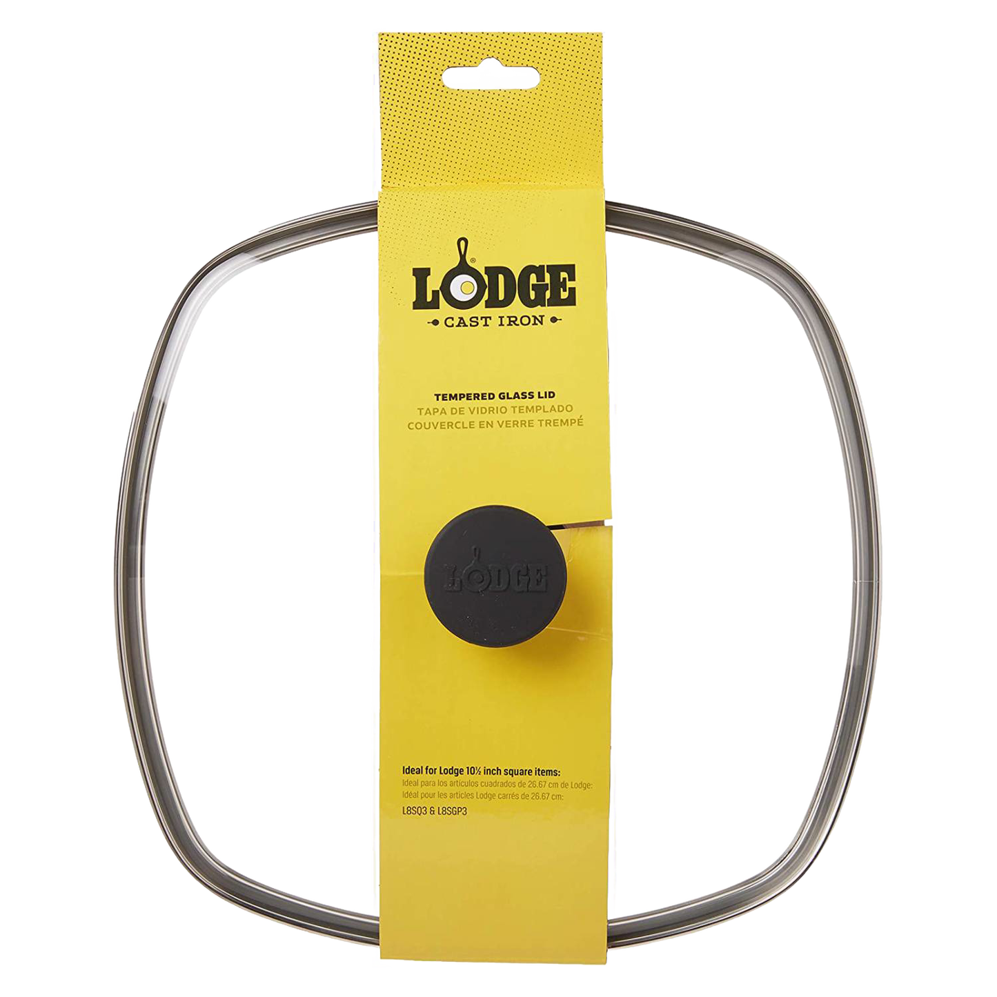 Square tempered glass lid with stainless steel rim and black knob, part of kitchenware and cast iron cookware collection