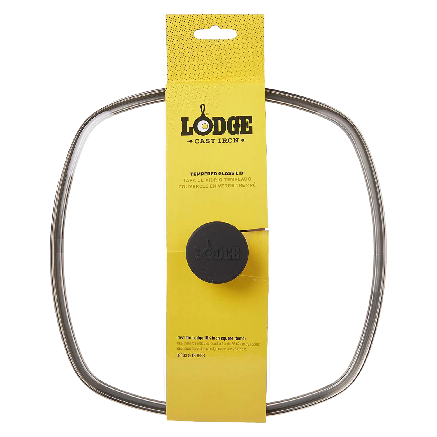 Square tempered glass lid with stainless steel rim and black knob, part of kitchenware and cast iron cookware collection