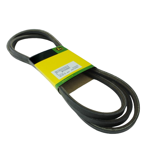 Black rubber drive belt with yellow and green packaging band for outdoor equipment maintenance and repair