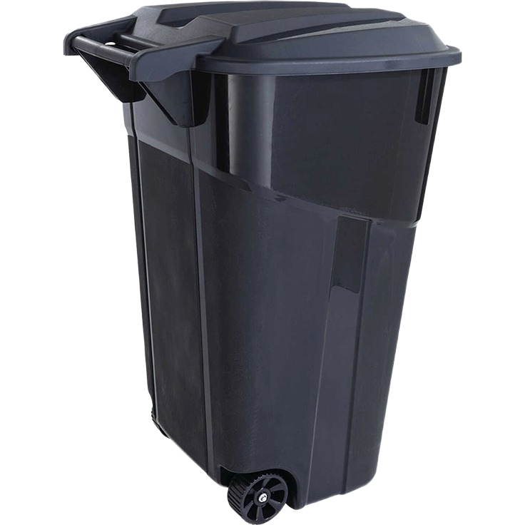 Black wheeled trash can with secure attached lid for outdoor waste disposal in cleaning and trash baskets under $50 collection