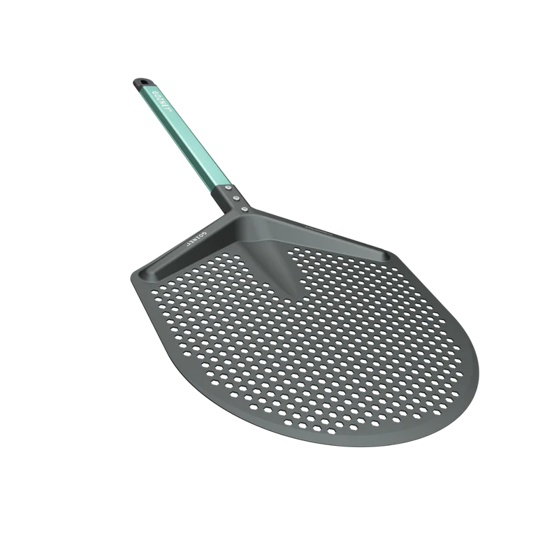 Perforated pizza peel with turquoise handle for grilling and outdoor cooking in Grill Accessories collection