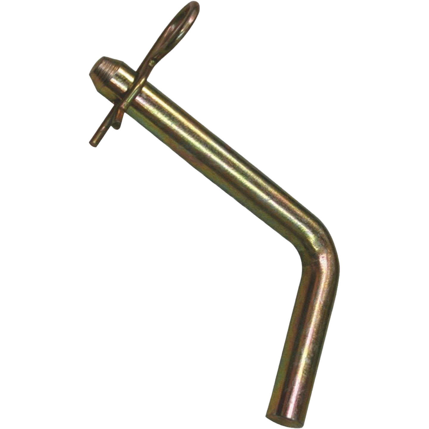 Yellow zinc-plated steel bent hitch pin for trailers and towing in automotive and mechanic tools collections