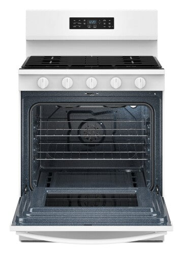 white 30-inch freestanding gas range with air cooking technology and open convection oven for home improvement