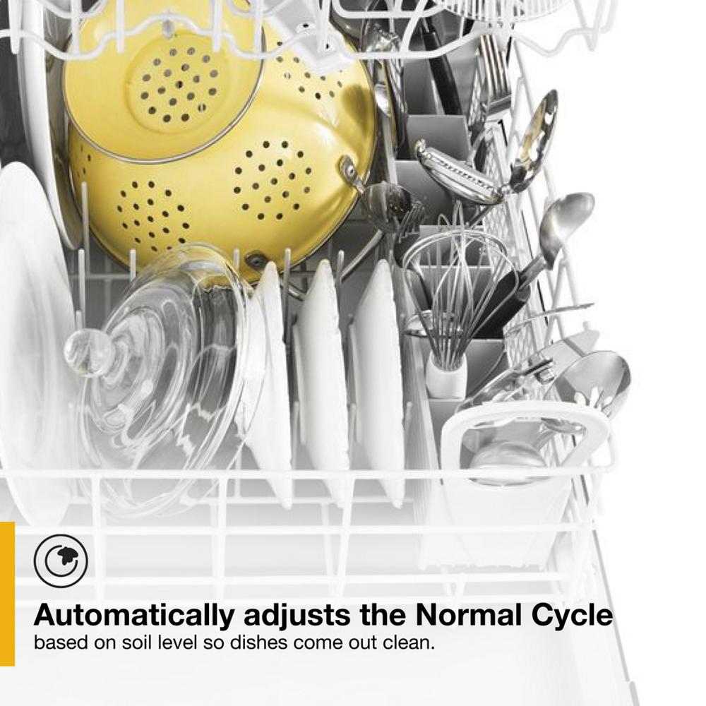Open dishwasher loaded with plates, glass lid, yellow colander, and utensils ready for cleaning in kitchen appliances collection