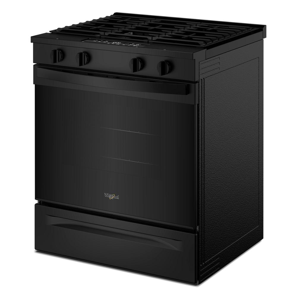 Angled view of a black 30-inch gas range with four control knobs and smooth oven door, suitable for kitchen and home improvement collections including gas ranges and appliances.