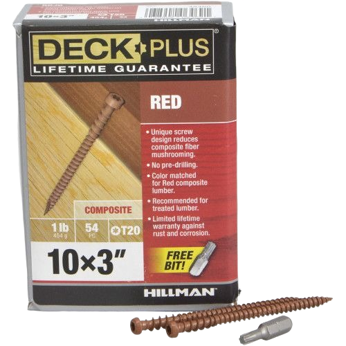Box of Hillman Deck Plus red composite deck screws, 10 x 3 inch, with included star drive bit for home improvement projects