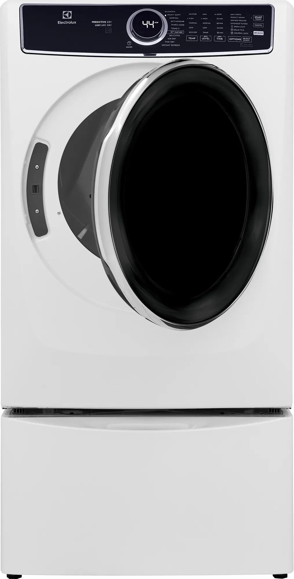 White front load gas dryer with large circular door and digital display panel in Dryers and Appliances collections
