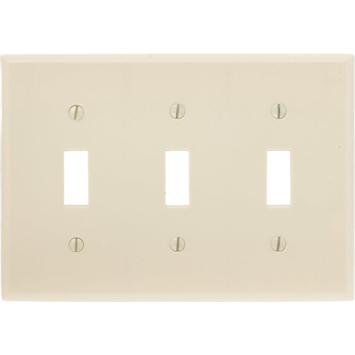 Ivory plastic 3-gang switch wall plate with screw holes, suitable for electrical and home improvement projects under $50