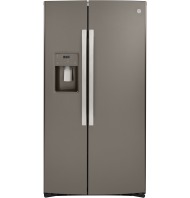 Side-by-side refrigerator with stainless steel finish and water dispenser for kitchen and appliance collections