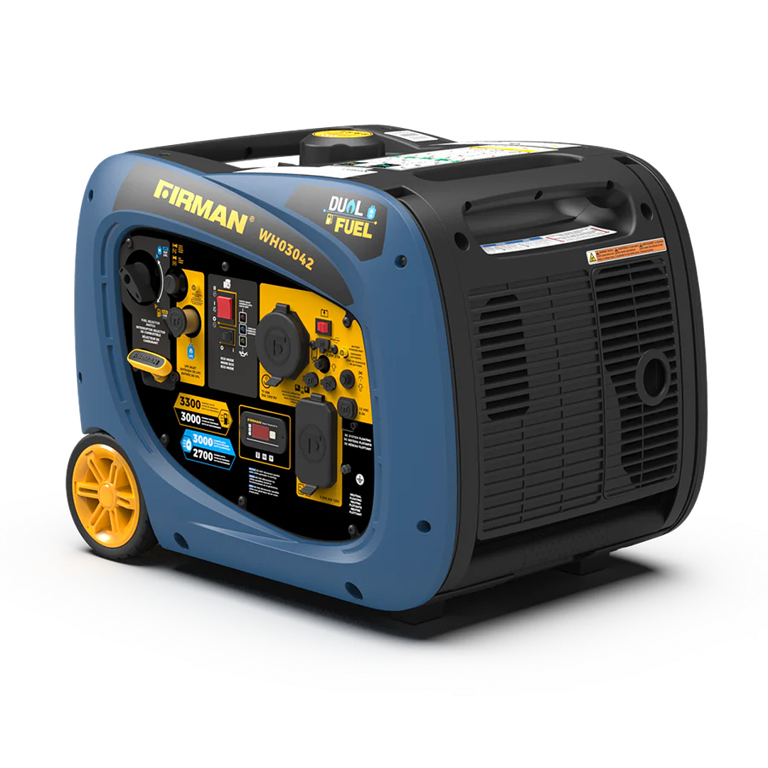 Portable dual fuel inverter generator with electric start, yellow wheels, and control panel for tools and home improvement use