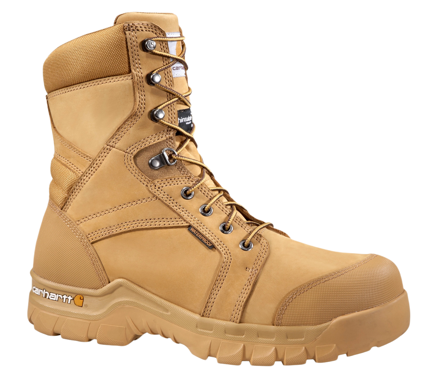 Tan waterproof insulated work boot for men with rugged flex design, soft toe, lace-up closure, and durable tread, part of Carhartt footwear collection.