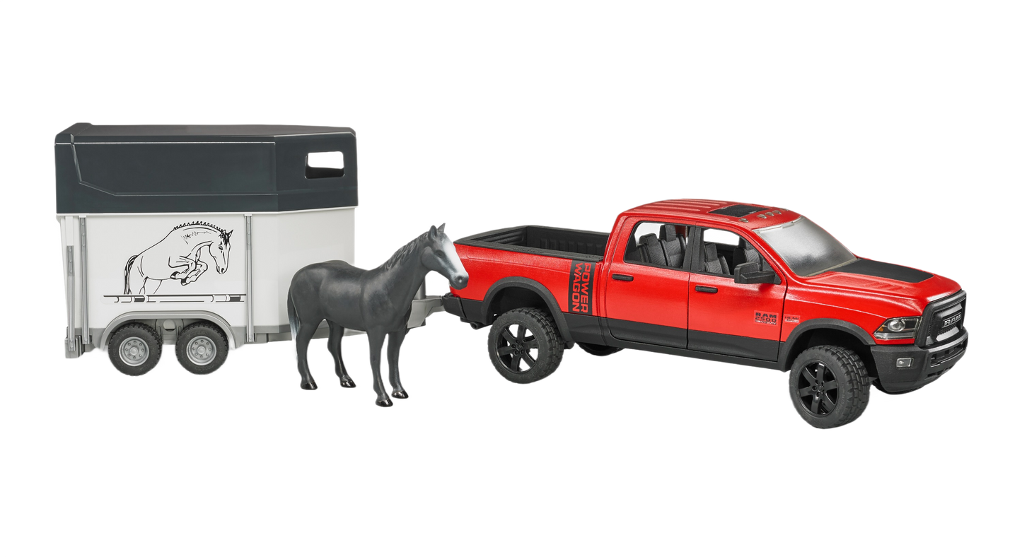 Red and black toy pickup truck with horse trailer and black horse figure from Bruder Toys collection