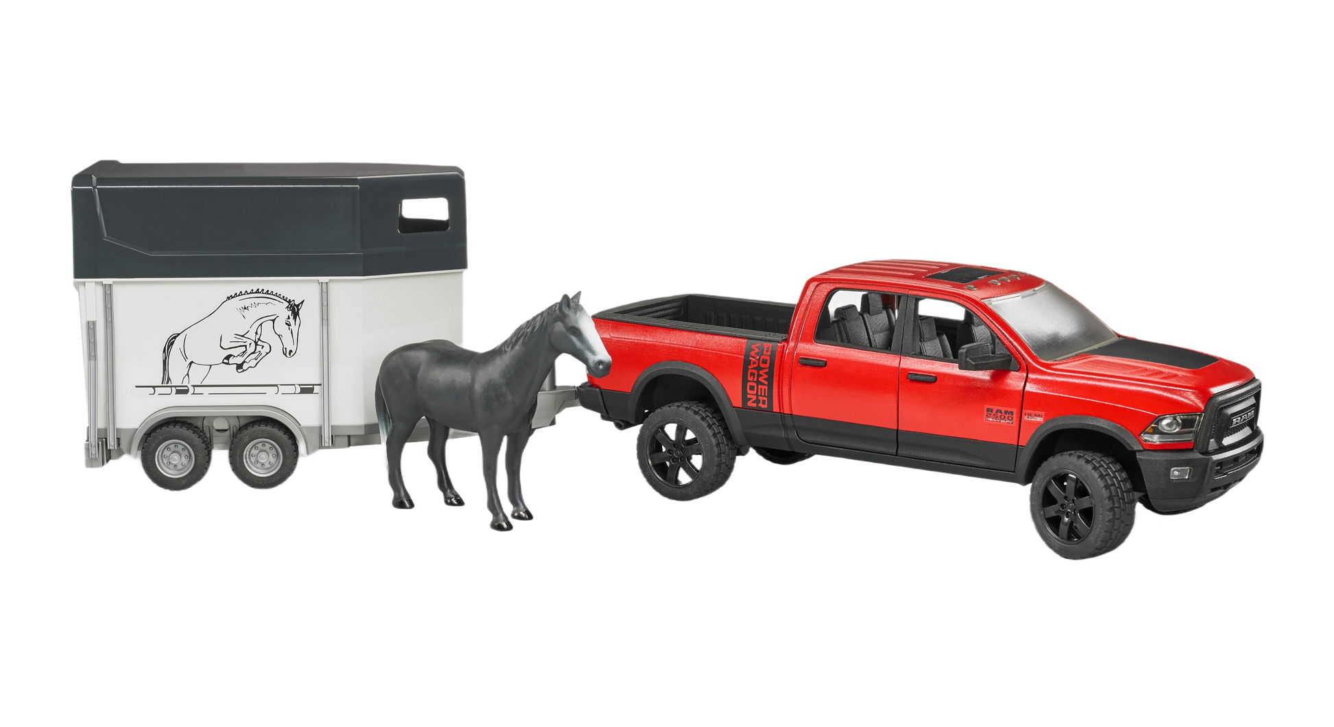 Red and black toy pickup truck with horse trailer and black horse figure from Bruder Toys collection