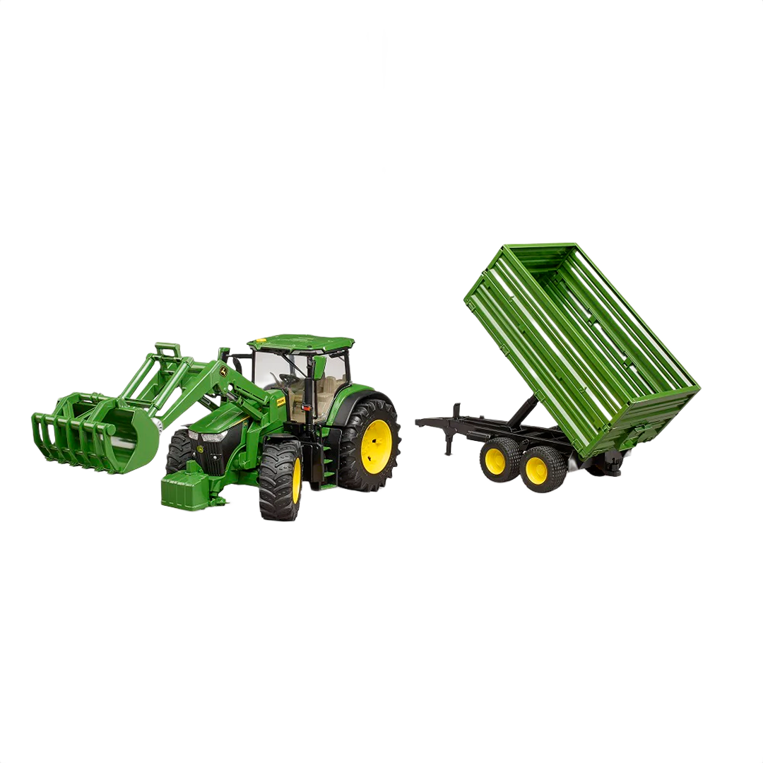 Green toy tractor with front loader and tipping trailer model for farm and home improvement play sets