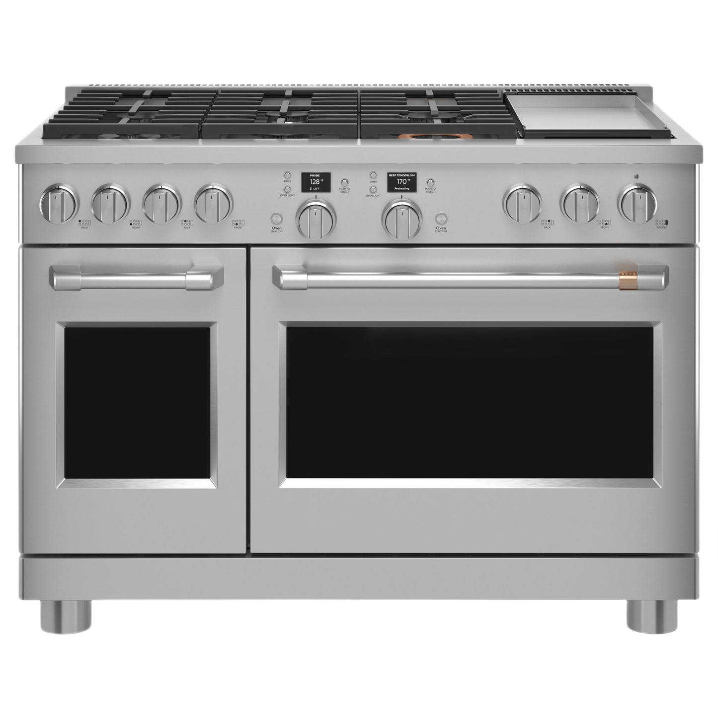 Stainless steel commercial-style dual-fuel range with six burners, griddle, and smart controls for kitchen appliances collection