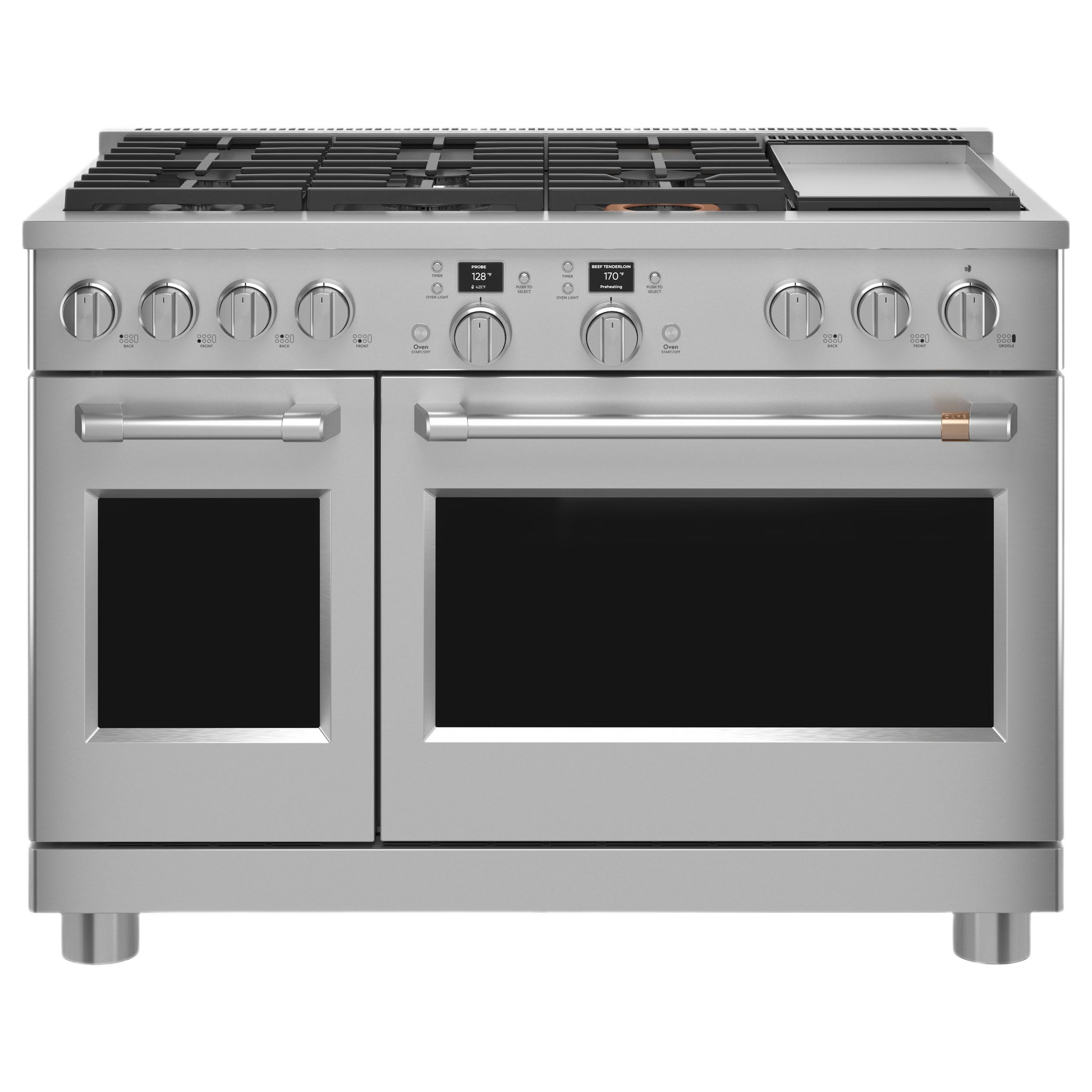 Stainless steel commercial-style dual-fuel range with six burners, griddle, and smart controls for kitchen appliances collection