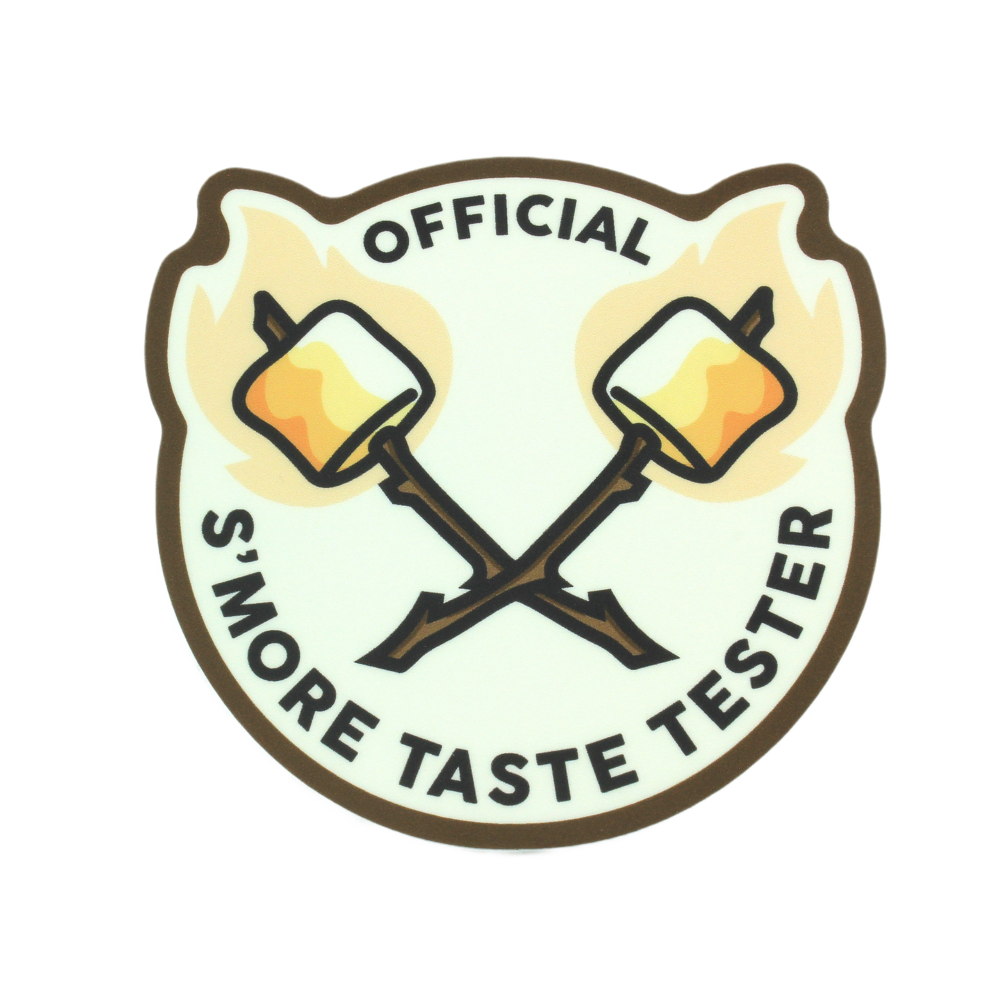 Sticker featuring crossed marshmallows on sticks with text declaring an official s'more taste tester badge