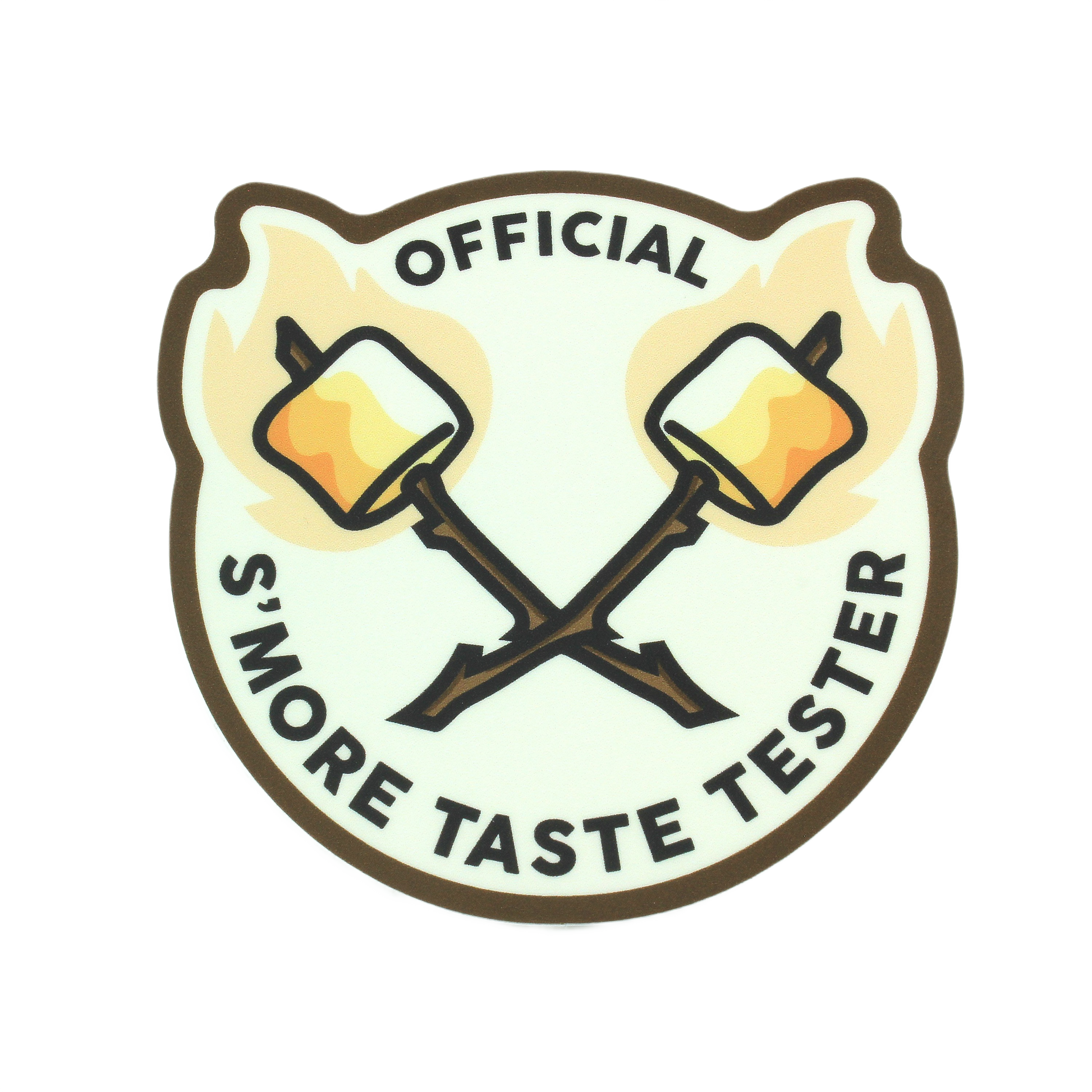 Sticker featuring crossed marshmallows on sticks with text declaring an official s'more taste tester badge
