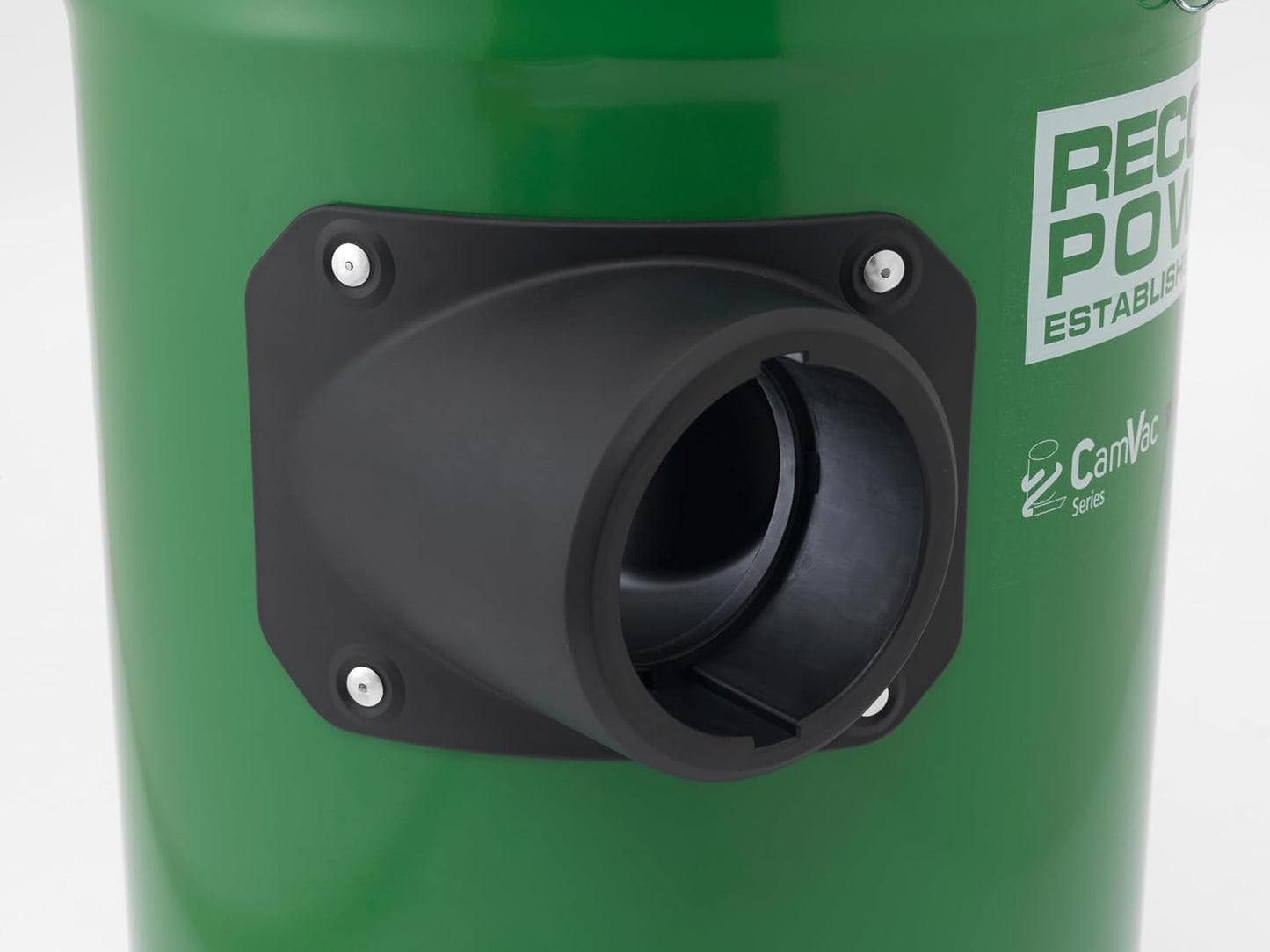 Close-up of black cyclonic dust extractor hose inlet on green metal body for tools and home improvement tasks