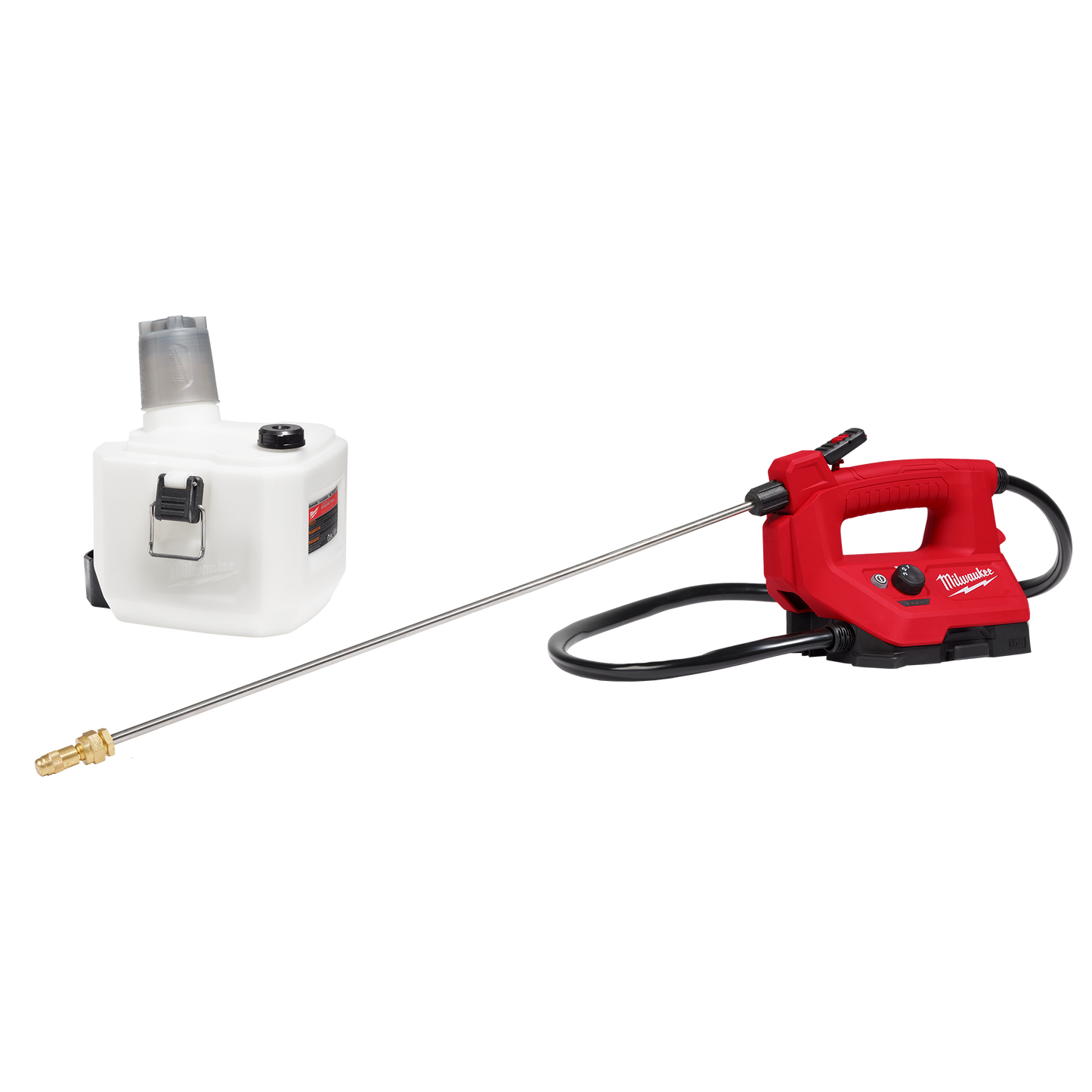 Red and black handheld sprayer with metal wand and 1-gallon white tank for outdoor home improvement tasks