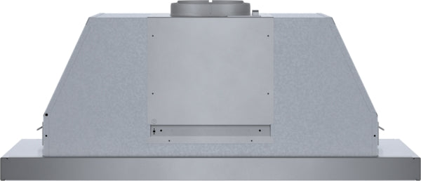 Stainless steel 36-inch pull-out hood with integrated blower and halogen lighting for kitchen ventilation from Bosch Appliances collection
