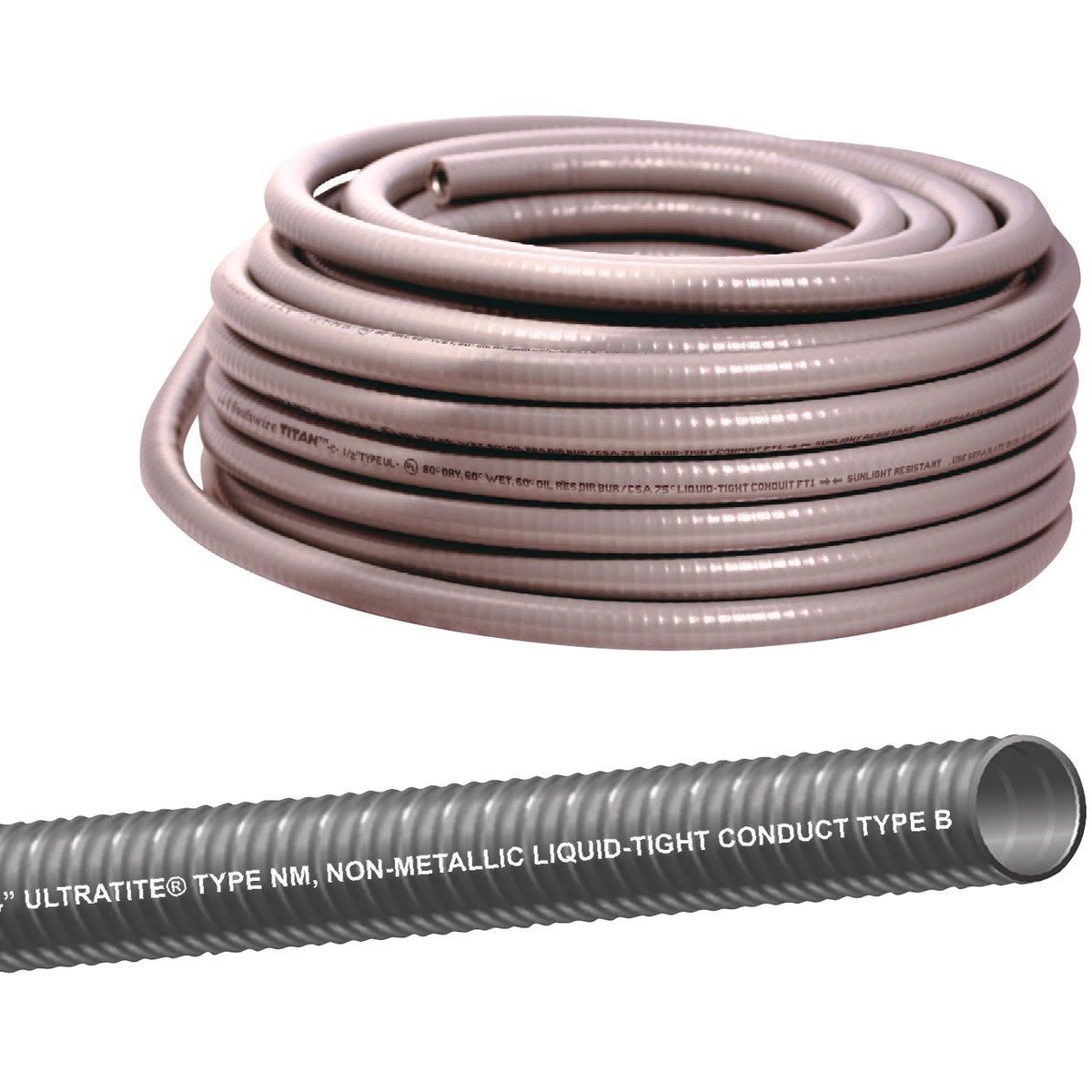 Coiled gray flexible nonmetallic conduit designed for electrical installations in tools and home improvement collections