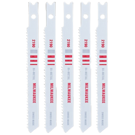 Set of five metal jigsaw blades with red Milwaukee branding for precise cutting in tools and home improvement projects