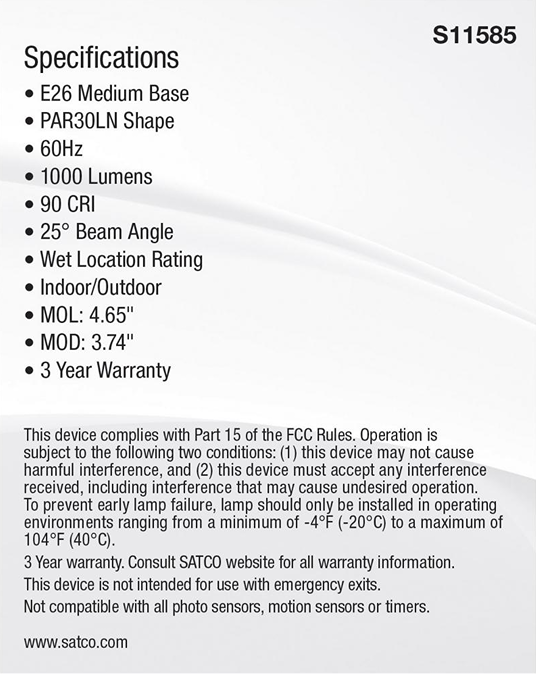 Lighting specifications label detailing bulb features like medium base, 1000 lumens, 25-degree beam angle, and indoor/outdoor use