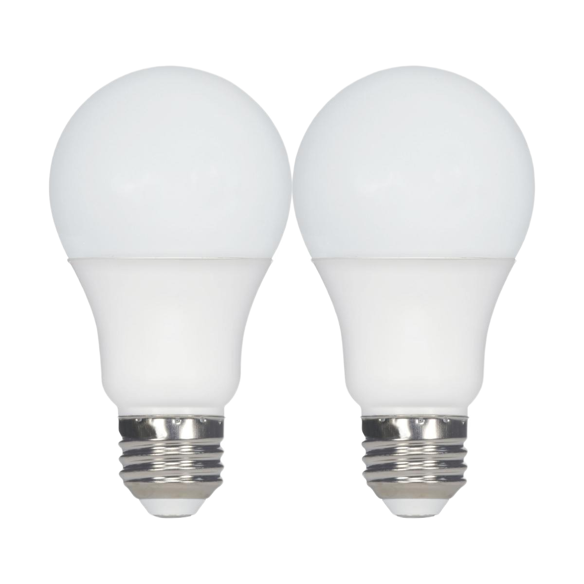 Two A19 LED light bulbs with medium base emitting warm white light for home lighting and electrical use