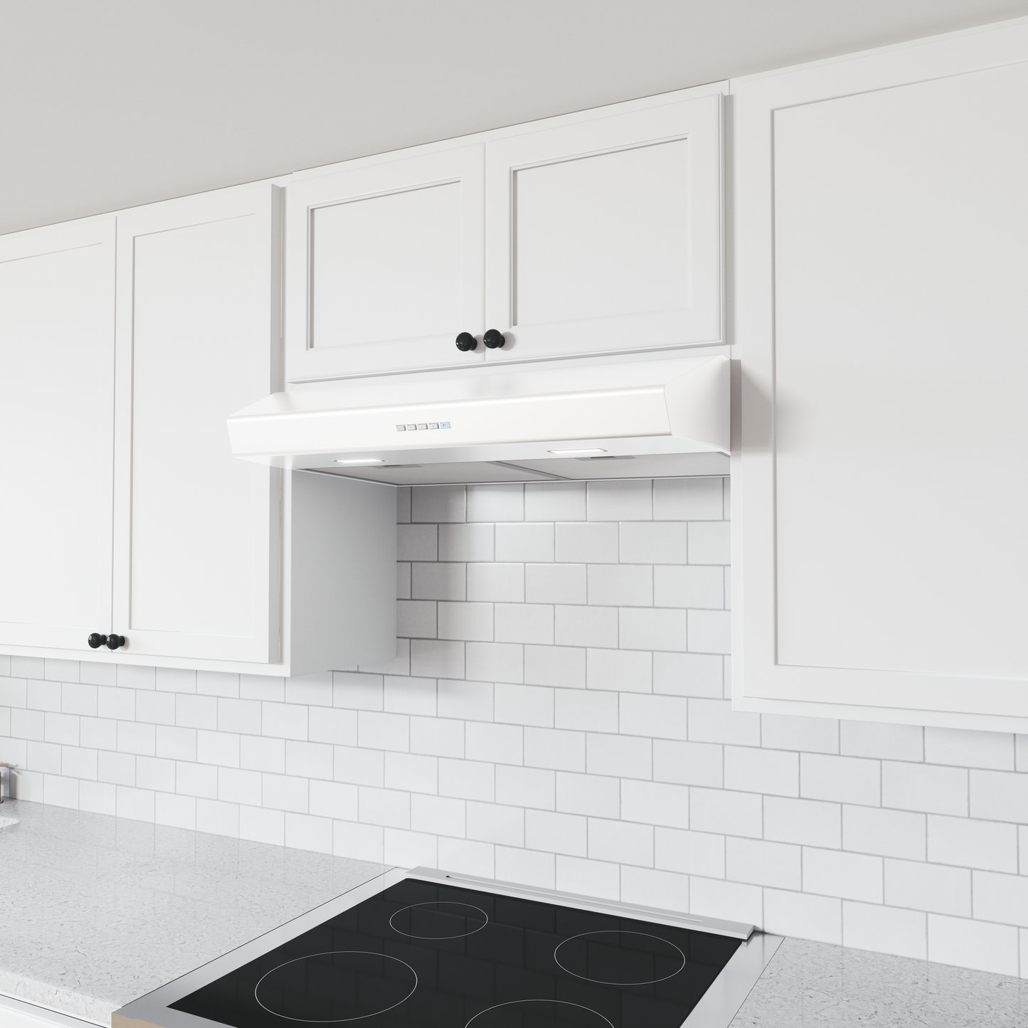 White under cabinet kitchen hood with LED lighting above a black electric cooktop in modern kitchen setting