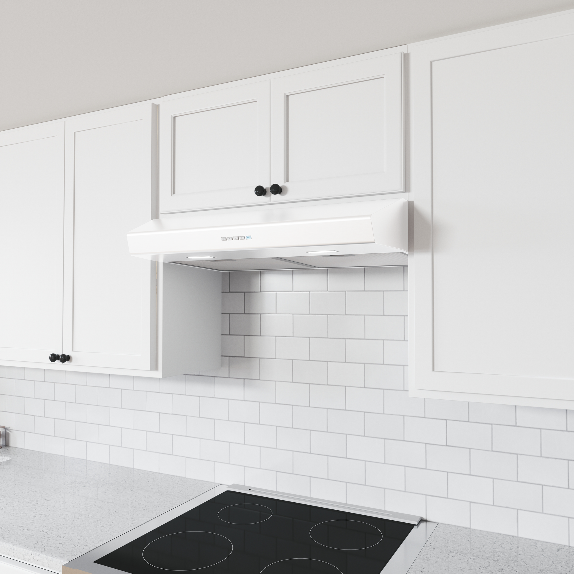 White under cabinet kitchen hood with LED lighting above a black electric cooktop in modern kitchen setting