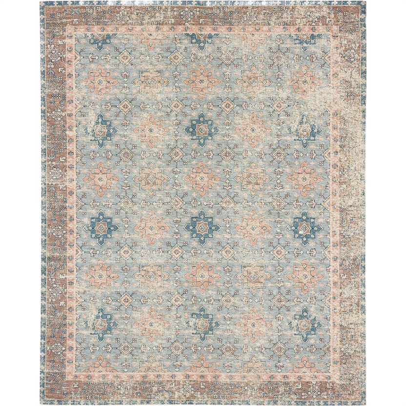 Ornamental medallion patterned area rug in blue and rose hues for flooring and rugs home decor collections