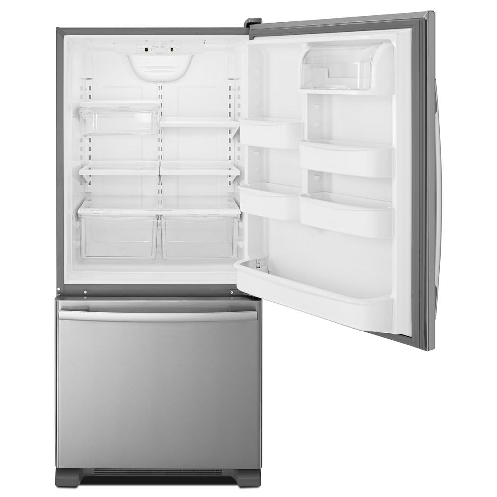 Open bottom-freezer refrigerator with spacious interior shelving and door bins from Refrigerators and Kitchen collections