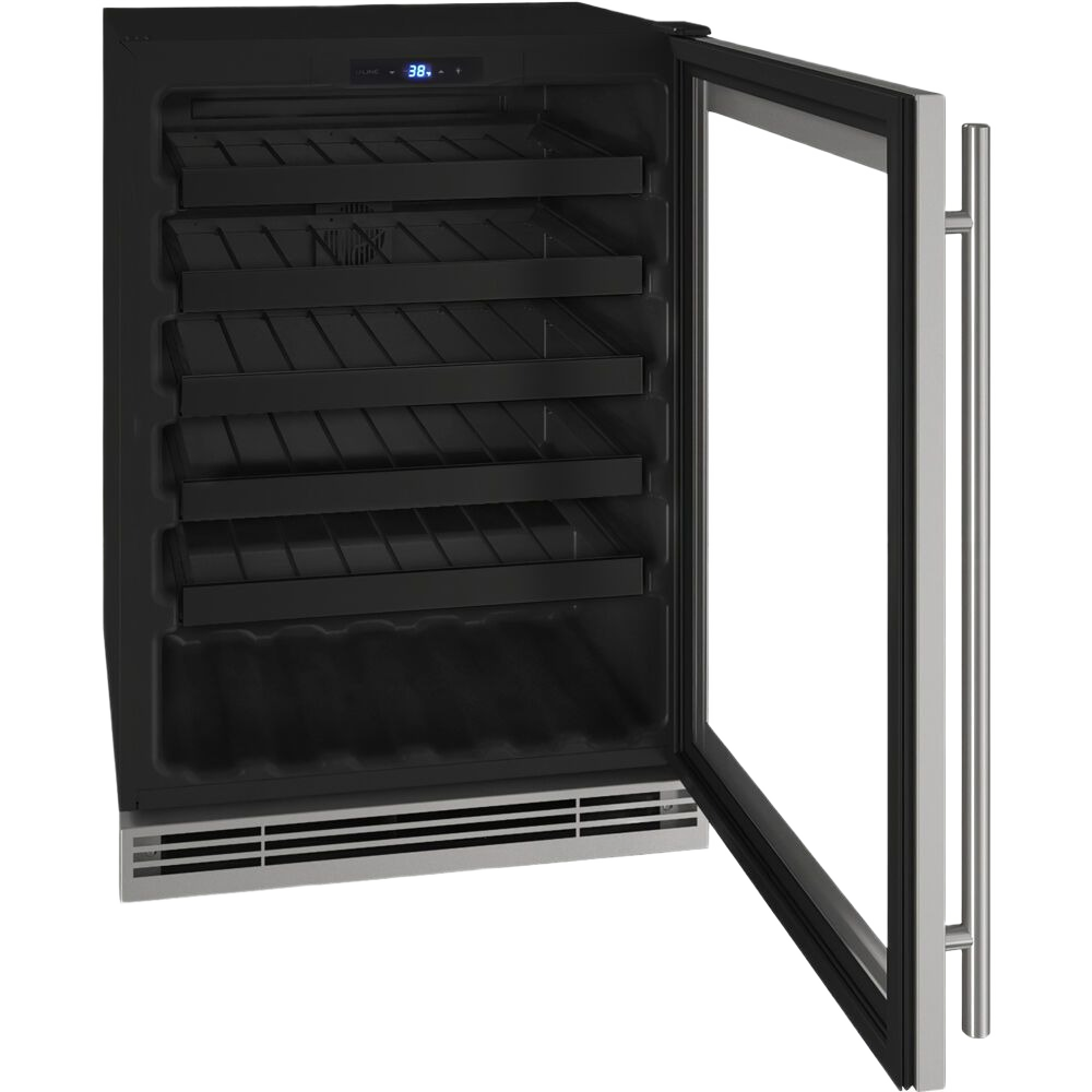 Open black wine cooler with reversible hinge and stainless steel handle in refrigerators and kitchen appliances collection