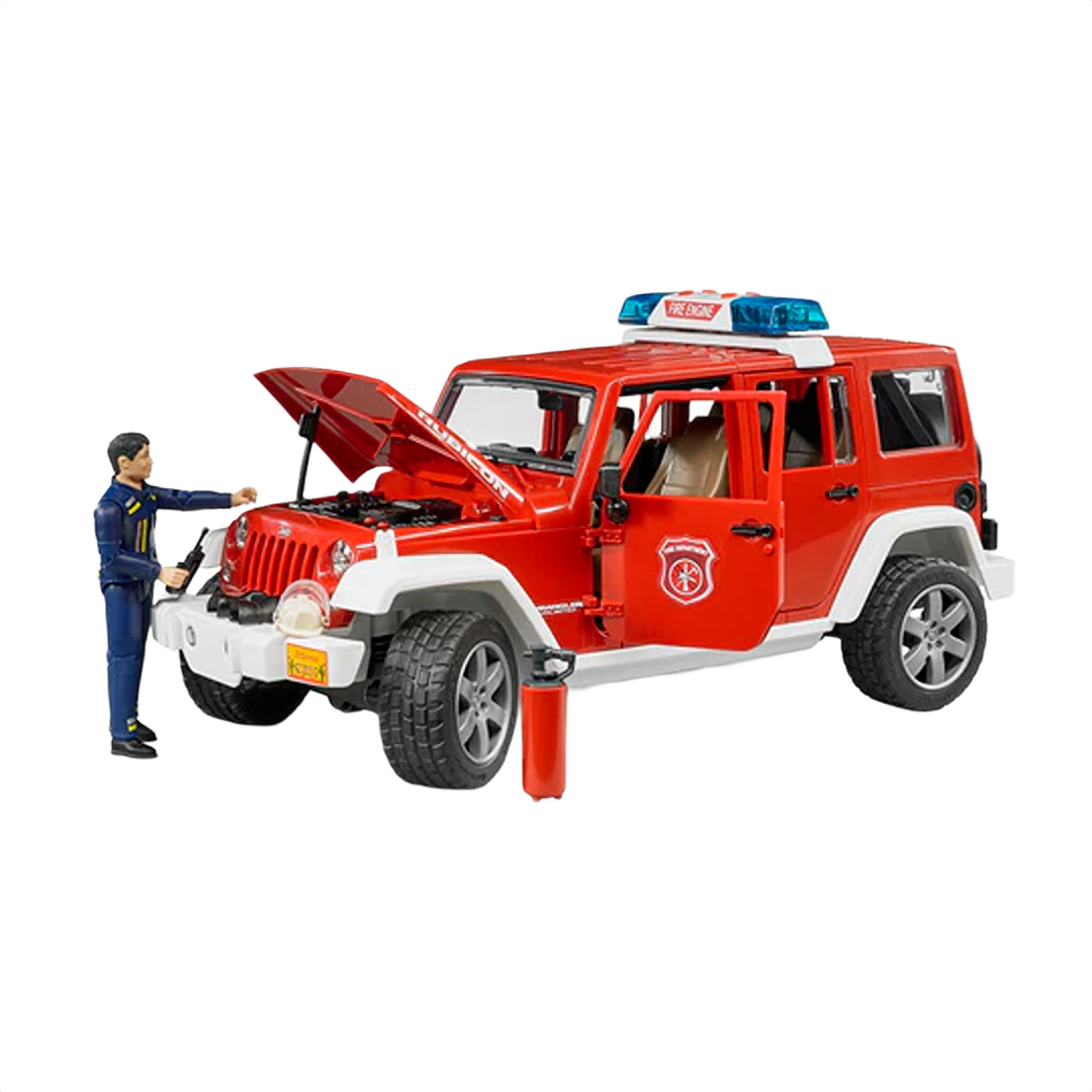 Red Jeep Rubicon fire rescue toy with open hood, doors, firefighter figure, and fire extinguisher accessory