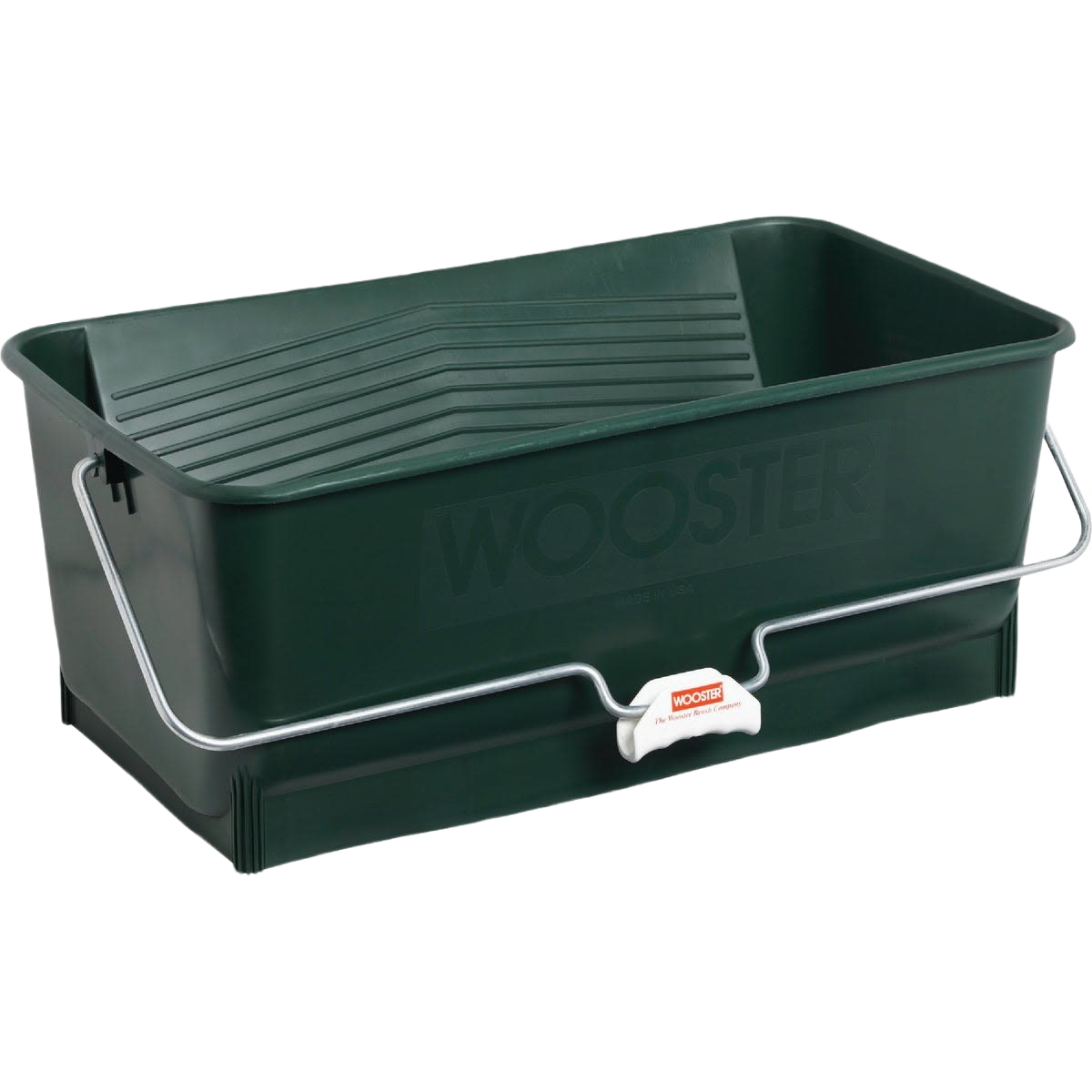 Green wide rectangular painter’s bucket with metal handle and ribbed paint rolling surface for tools and home improvement tasks