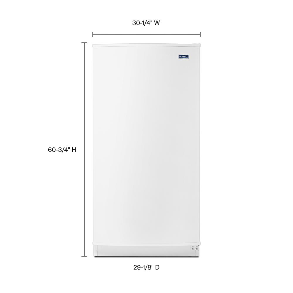 White upright freezer with dimensions labeled for kitchen appliance and home improvement collections