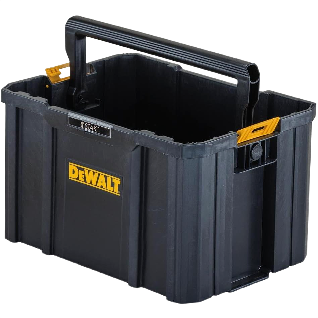 Black and yellow DEWALT tool storage tote with a large open interior and sturdy handle for workshop organization.