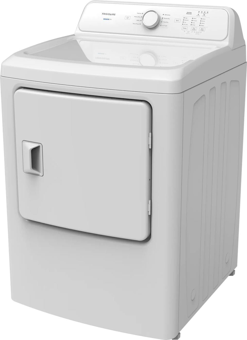 white freestanding gas dryer with top control panel and recessed door handle for home appliances collection