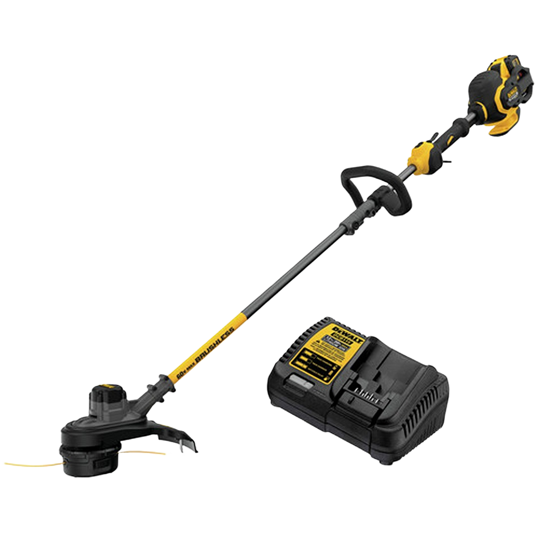 Yellow and black brushless cordless string trimmer with battery charger for home improvement tasks