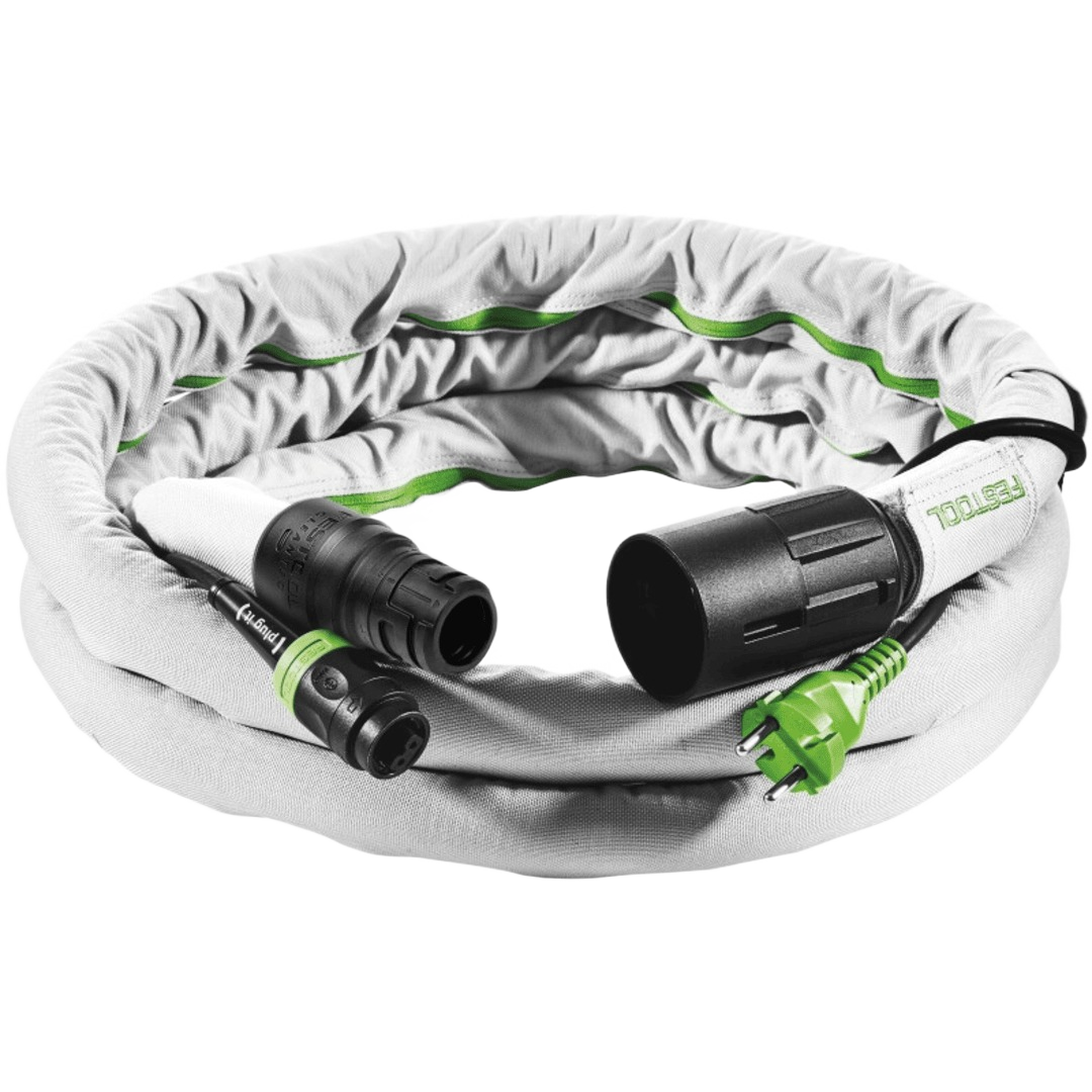Light gray nylon-sleeved anti-static hose with black fittings and green Festool power plug for dust management tools