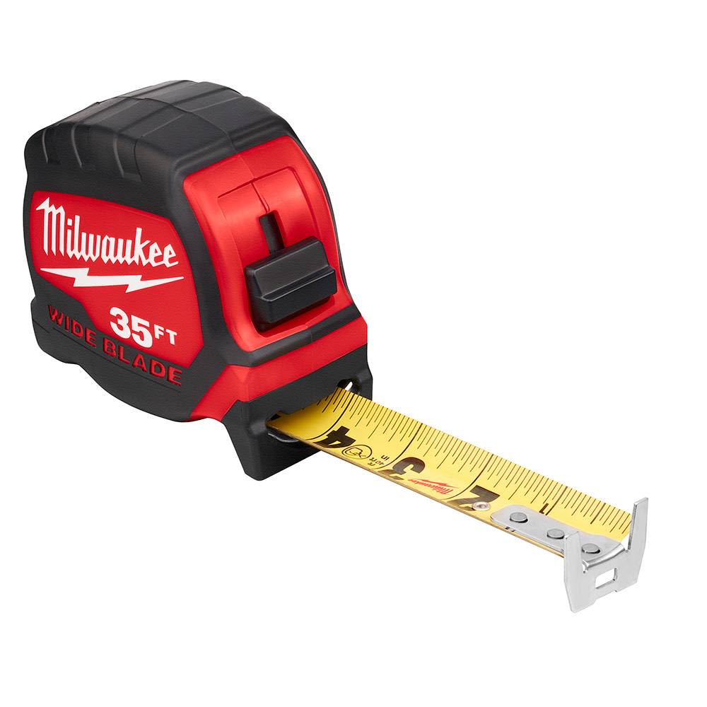 Compact Milwaukee 35ft tape measure with wide yellow blade for accurate measuring in woodworking and home improvement tools
