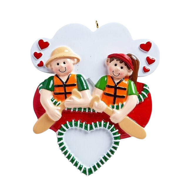 Cute canoe couple ornament wearing life jackets, paddling together with heart details, holiday decor under $50