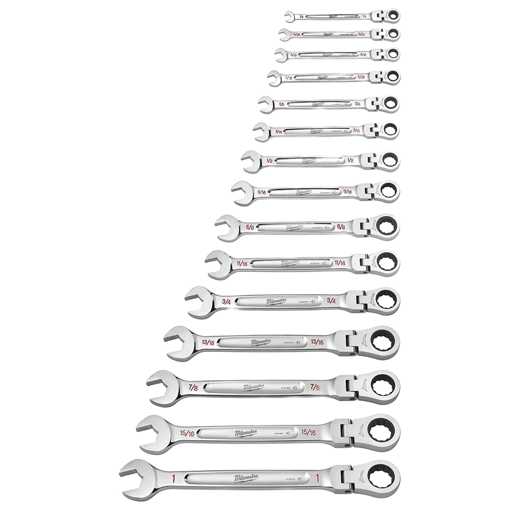 Set of polished SAE flex head ratcheting combination wrenches neatly arranged for professional tools and home improvement use