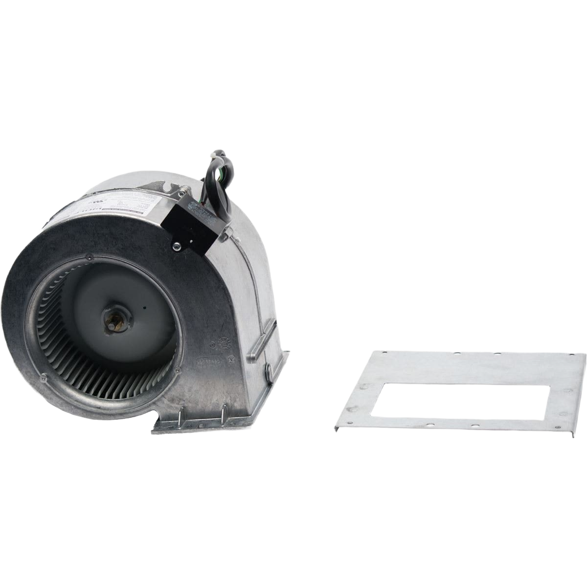 Metal internal blower with cylindrical fan and separate rectangular mounting plate for tools and home improvement projects